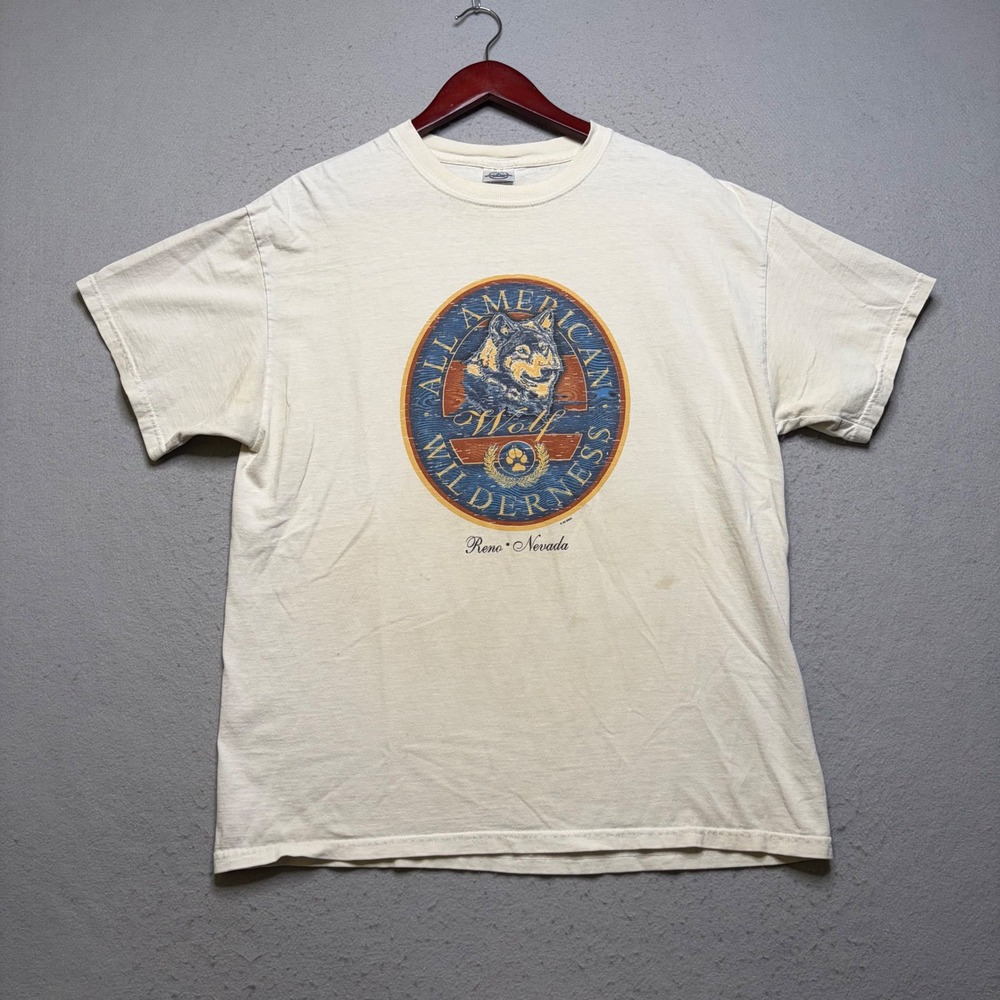 Delta T-Shirt Mens L Cream All American Wolf Wilderness Reno Nevada Vintage 90s